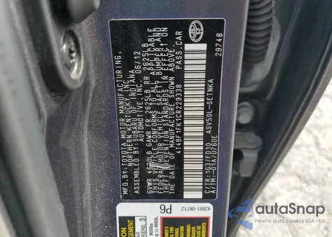 2012 Toyota Camry Base from USA, damaged, VIN 4T4BF1FK1CR229338